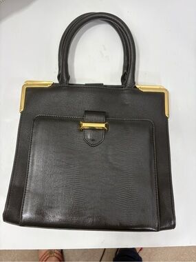 Snob Essentials Classic Black Structured Top-Handle Bag with Gold Accents